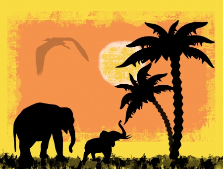 African safari theme with elephants against a grunge background, illustrationのイラスト素材