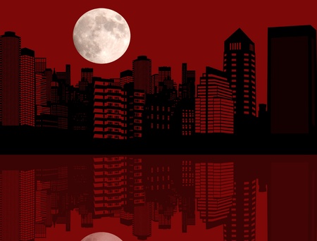 Illustration with red night city with reflection silhouetteのイラスト素材