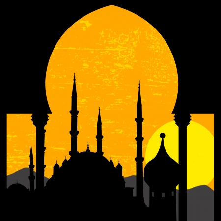 Grunge oriental sunset with mosque, vector illustrationのイラスト素材