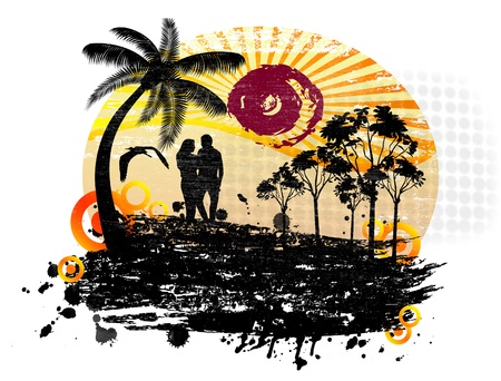 Lovers in a tropical landscape with palms on abstract backgroundのイラスト素材