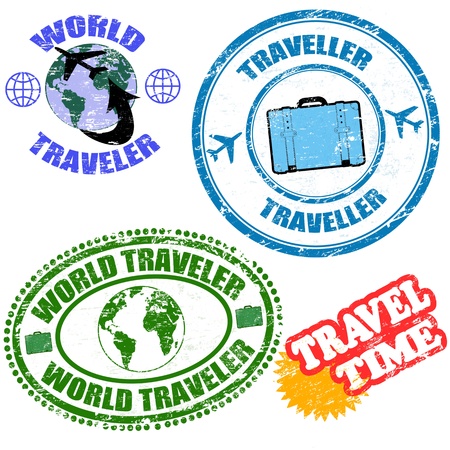 Set of world traveler grunge rubber stamps on white, vector illustrationのイラスト素材