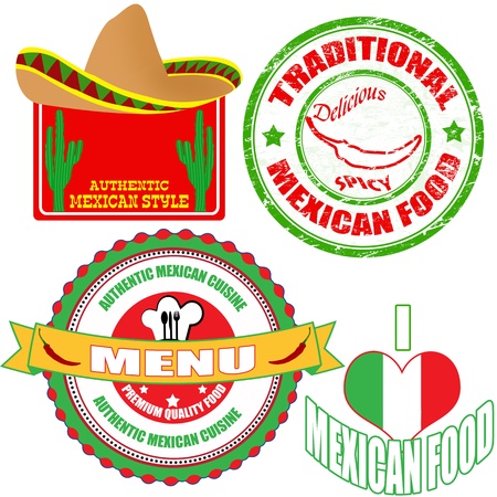 Set of authentic mexican food stamp and labels on white background, vector illustrationのイラスト素材