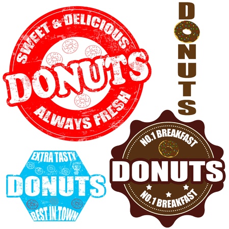 Set of donuts grunge rubber stamps and label on white, vector illustrationのイラスト素材