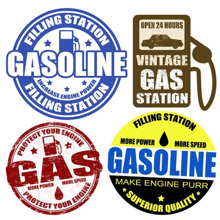Set of gasoline grunge rubber stamps and labels on white, vector illustrationのイラスト素材