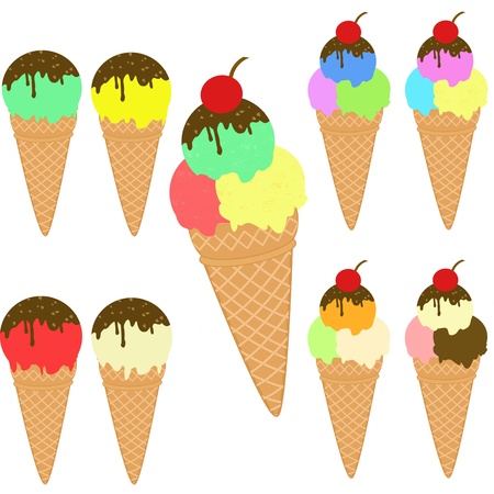 Set of various cone ice creams on white background, vector illustrationのイラスト素材