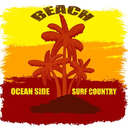 Summer beach grunge poster background with palms, vector illustrationのイラスト素材