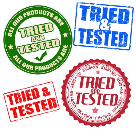 Set of self tried and tested grunge rubber stamps and labels on white, vector illustrationのイラスト素材