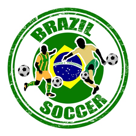 Grunge stamp with soccer players and name Brazil written inside, illustrationのイラスト素材
