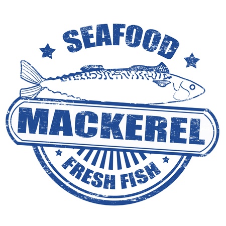 Grunge rubber stamp of a mackerel fish and the text seafood fresh fish written inside, illustrationのイラスト素材