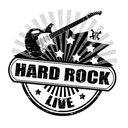 Black grunge rubber stamp with electric guitar and the text hard rock written inside, illustrationのイラスト素材