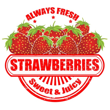 Grunge rubber stamp with strawberries and the text Strawberries written inside, illustrationのイラスト素材