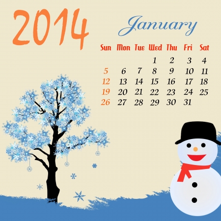 Calendar for 2014 January with winter tree and snowman のイラスト素材