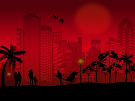 Background design with beautiful cityscape and people silhouette on red sunsetのイラスト素材