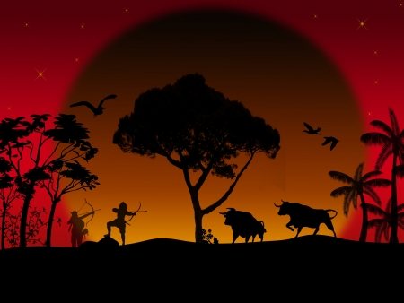 The bow hunting buffalo on beautiful sunset, background illustrationのイラスト素材