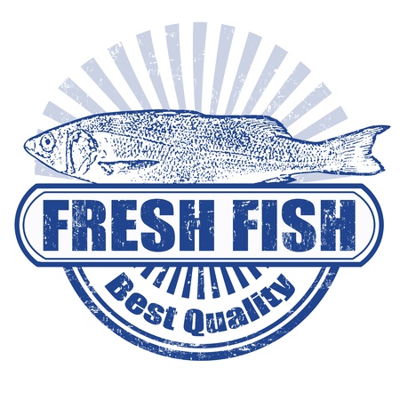 Grunge rubber stamp with fish shape and the word Fresh fish written inside, vector illustrationのイラスト素材