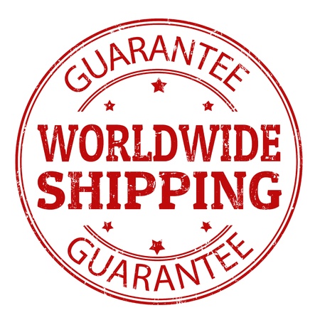 Red grunge rubber stamp with the text worldwide shipping guarantee, written inside the stampのイラスト素材