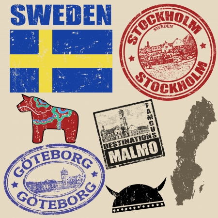Set of grunge stamps with Sweden on vintage background, vector illustrationのイラスト素材