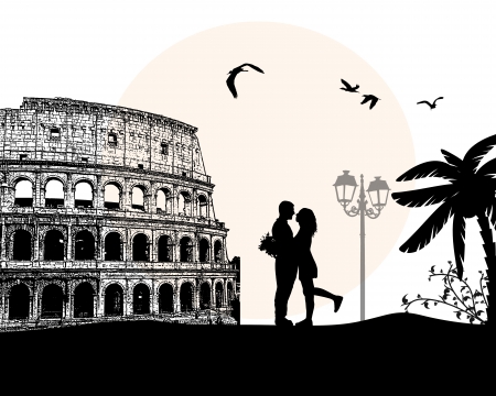 Couple silhouette in love in front of Colosseum in Rome , vector illustrationのイラスト素材