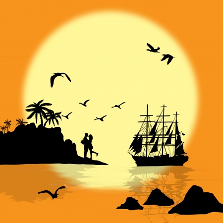 Sea sunset with boat, island and couple silhouettes, vector illustrationのイラスト素材