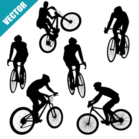 Various cycling poses of cyclists silhouettes on white background, vector illustrationのイラスト素材