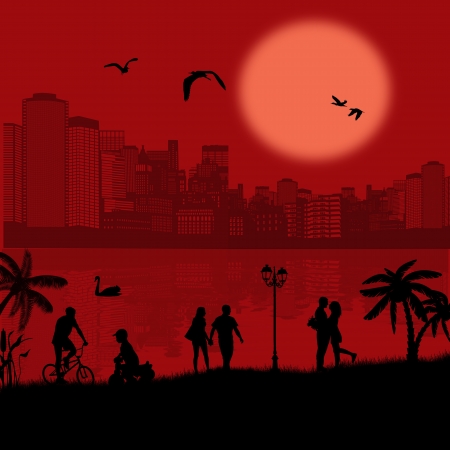 Vector design background with beautiful cityscape and people silhouette with reflection on waterのイラスト素材