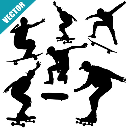 Skateboarders silhouettes on white background, vector illustrationのイラスト素材