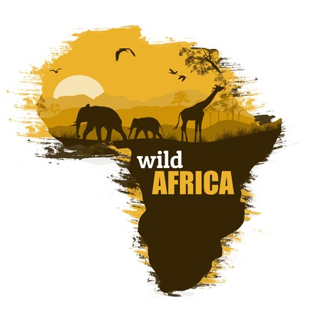 Wild african animals silhouettes on the map of Africa, with space for your textのイラスト素材
