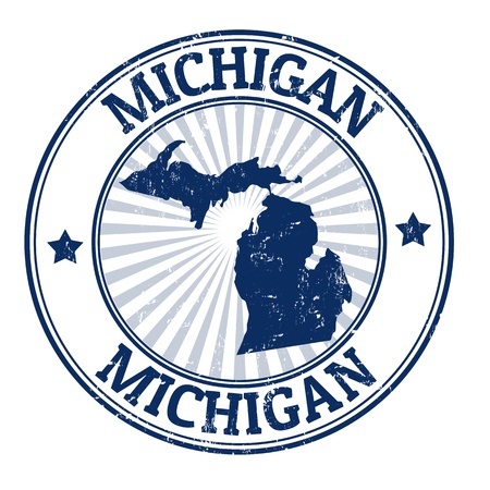 Grunge rubber stamp with the name and map of Michiganのイラスト素材