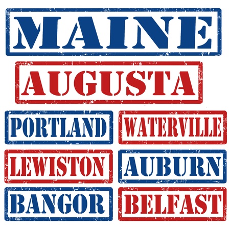 Set of Maine cities stamps on white backgroundのイラスト素材
