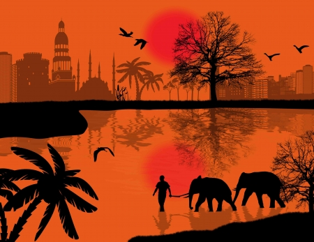 Man with elephants on water near the city buildings backgroundのイラスト素材