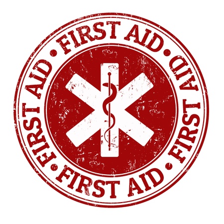 First aid grunge rubber stamp on white, vector illustrationのイラスト素材
