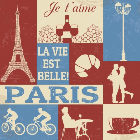 Retro Style Poster With Paris Symbols, vector illustrationのイラスト素材
