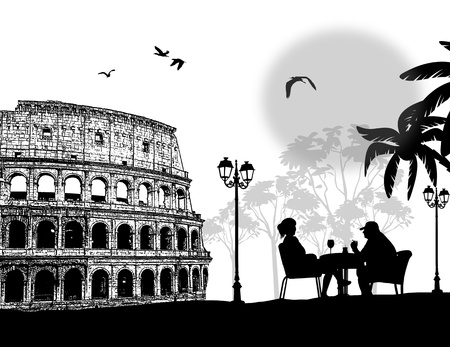 Couple silhouette in cafe in front of Colosseum in Rome , vector illustrationのイラスト素材