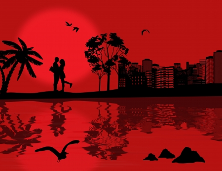 Romantic couple silhouette embrace over red sunset on cityscape with reflection on water, vector illustrationのイラスト素材