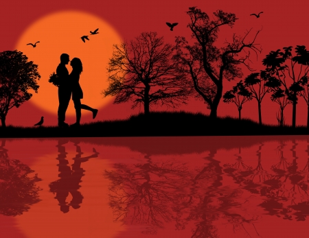 Romantic couple silhouette embrace over red sunset on a park, vector illustrationのイラスト素材