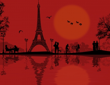 Paris in love on beautiful red sunst, vector illustrationのイラスト素材