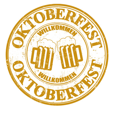 Grunge rubber stamp with two beer mugs and the text Oktoberfest written inside, vector illustrationのイラスト素材