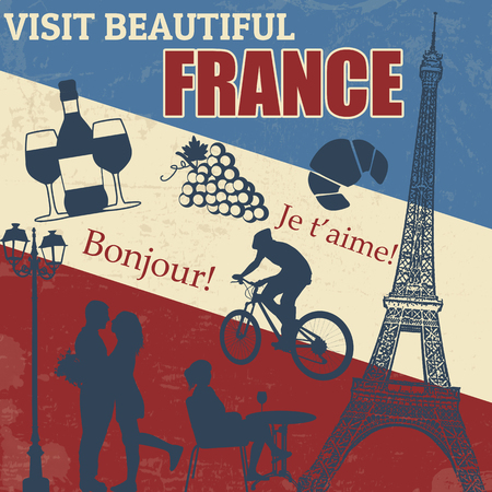 Travel vintage poster with symblos of  France, illustrationのイラスト素材
