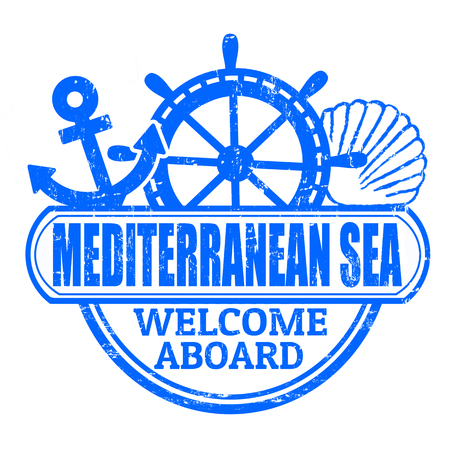 Grunge rubber stamp with the text Mediterranean Sea, welcome aboard written inside, illustrationのイラスト素材
