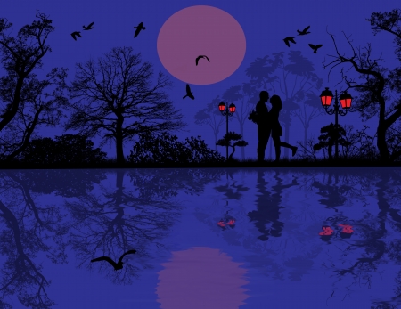 Romantic couple silhouette embrace over blue sunset on a park, illustrationのイラスト素材