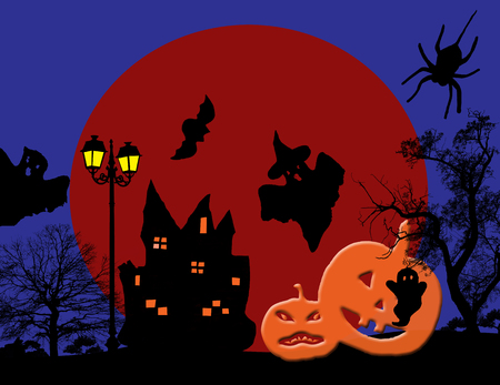 Scary halloween background with castle, ghosts and  pumpkins on scarry place, vector illustrationのイラスト素材
