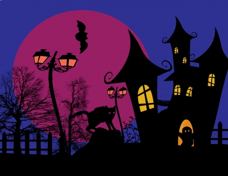 Scary halloween with castle and black cat on scarry place, vector illustrationのイラスト素材