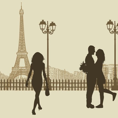 Peoples on a street in Paris on vintage , vector illustrationのイラスト素材