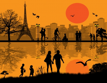 Vector design background with Paris cityscape and people silhouette with reflection on waterのイラスト素材