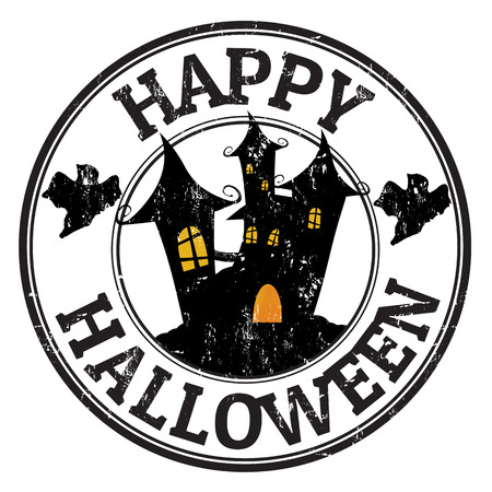 Happy halloween grunge rubber stamp with castle and ghosts, vector illustrationのイラスト素材