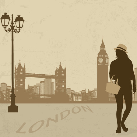 Beautiful woman silhouette on a London street on vintage background, vector illustrationのイラスト素材