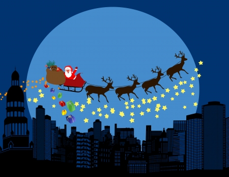 Urban holiday background illustration with santa claus and deers silhouettes flying over a cityのイラスト素材