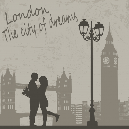 Retro London grunge poster with lovers and city scape, vector illustrationのイラスト素材