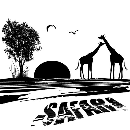 Two giraffes silhouette in africa at sunset on black and white, vector illustrationのイラスト素材