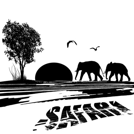 Elephants silhouette in africa at sunset on black and white, vector illustrationのイラスト素材